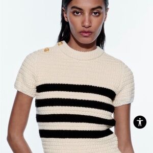 Zara Women Cream and Black Striped Knit Top